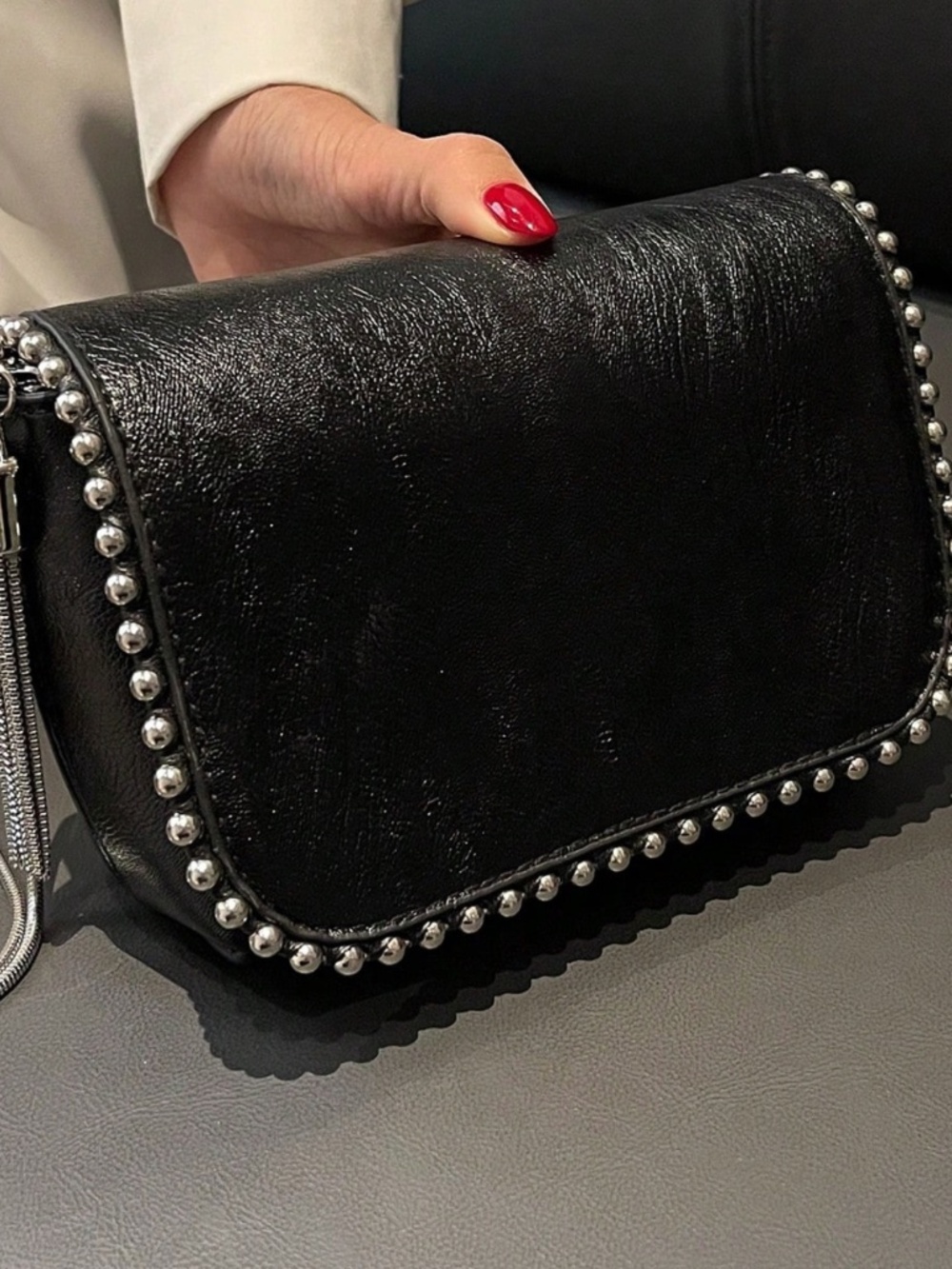Classic Black Vegan Leather Studded Tassel Detail Shoulder Crossbody Bag